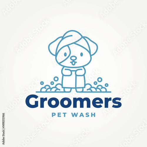minimalist dog wearing a towel line art icon logo vector illustration design. simple modern pet salon or pet grooming logo concept