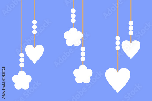 Decorative hanging hearts and flowers create a playful atmosphere with bright blue background and simple design elements