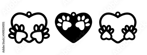 Heart shaped designs with animal paws for earrings, pendant or keychain. Jewelry silhouette laser cut template. Dog or cat footprint jewellery vector stencil. Cnc cutting with metal, wood or leather