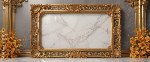 Golden floral frame, luxurious marble backdrop  ,  elegant design,  gold leaf