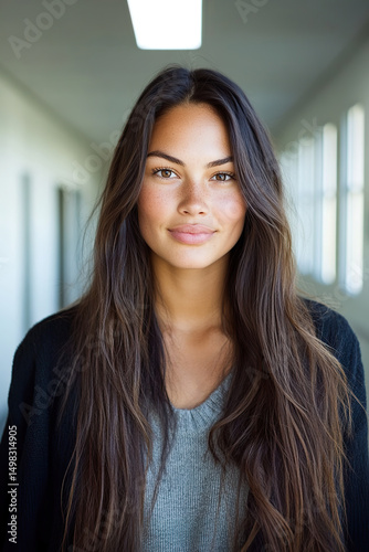 Free Download Young Maori female with long hair in corridor - GFXLoad