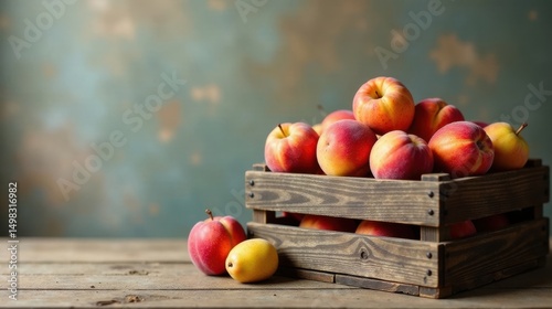 Rustic wooden crate overflowing with ripe, sun-kissed peaches, a single peach and a mellow apricot rest beside it on a weathered wooden surface.