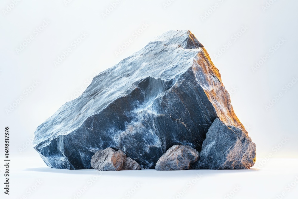 Naklejka premium A large, dark gray rock with lighter veining sits on a white background, smaller rocks at its base.