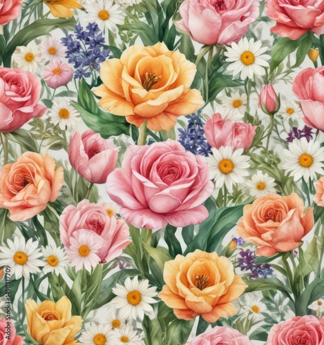 Summer floral watercolor painting Roses, tulips, daisies in full bloom , texture, illustration, leaf