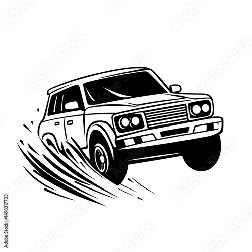 Off-road racing car drifting in black outline style with dynamic movement lines representing high speed action