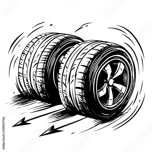 Pair of racing tires in dynamic black sketch style with motion lines representing speed and automotive performance