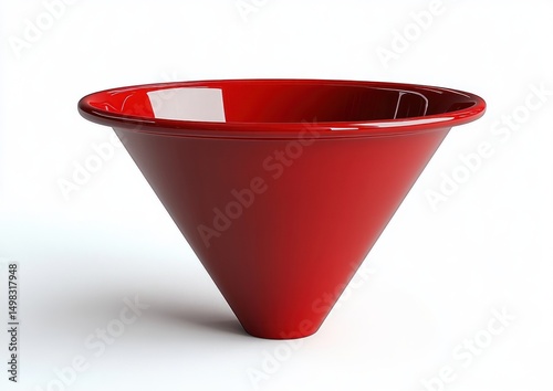 Shiny red plastic funnel with wide open top tapering to narrow spout against white background