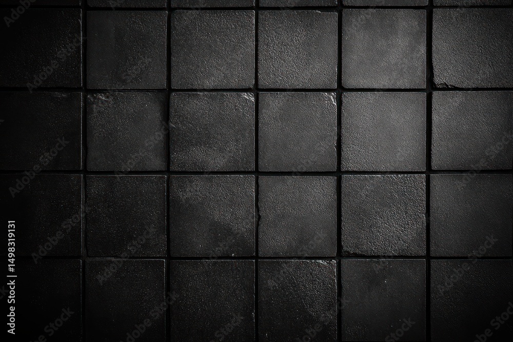Naklejka premium Close-up of black square textured tiles arranged in a grid pattern with subtle light reflections and slightly worn edges