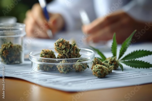Close-up of cannabis buds and leaf on paperwork with a person writing in the background, representing medical or legal documentation process