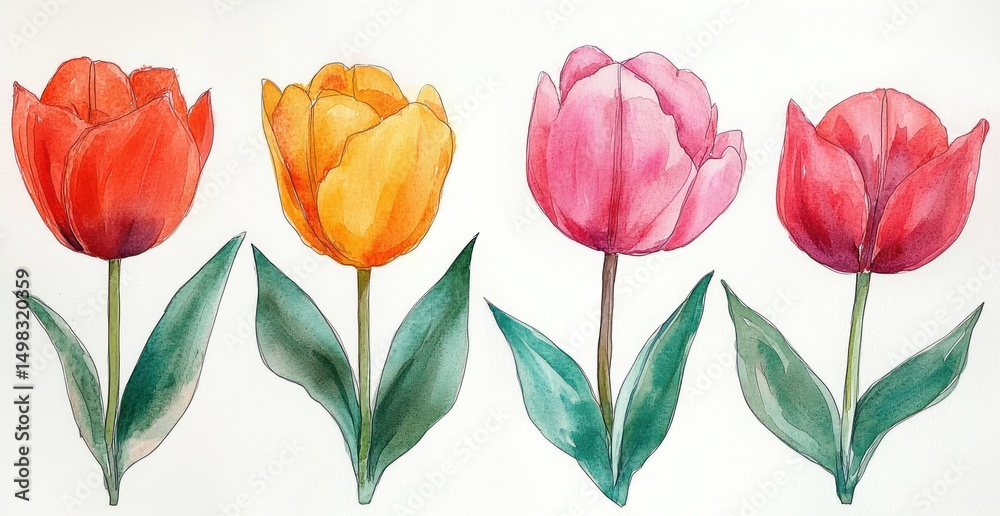 custom made wallpaper toronto digitalFour delicate watercolor tulip flowers in vibrant red, orange, pink, and red hues with green leaves on white background, evoking freshness and springtime beauty