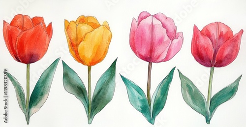 Wallpaper Mural Four delicate watercolor tulip flowers in vibrant red, orange, pink, and red hues with green leaves on white background, evoking freshness and springtime beauty Torontodigital.ca