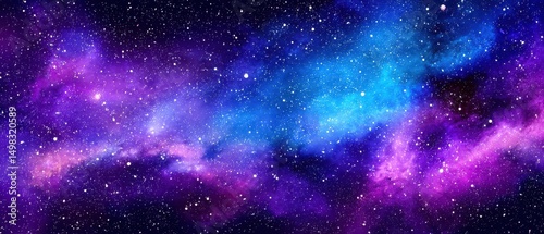 青紫色の宇宙空間、星雲と無数の星々