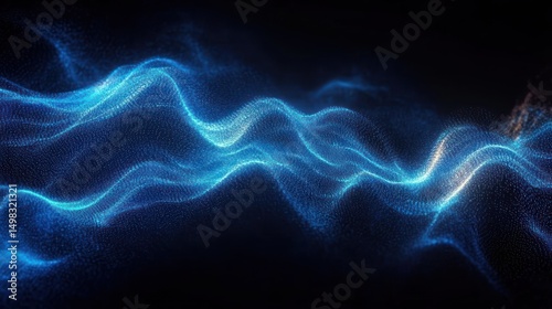 Glowing blue wave-like patterns formed by numerous small particles on a dark background, evoking a sense of fluidity and digital flow
