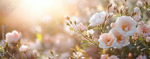 Delicate pale pink roses blooming in soft sunlight creating a warm and peaceful garden atmosphere