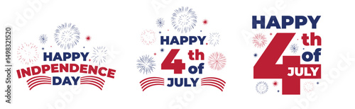4th of July typography text set with fireworks | United States Independence Day typography | Fourth of July