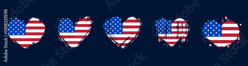 Heart shaped grunge american flag set, patriotic hearts, United States of America flag hearts