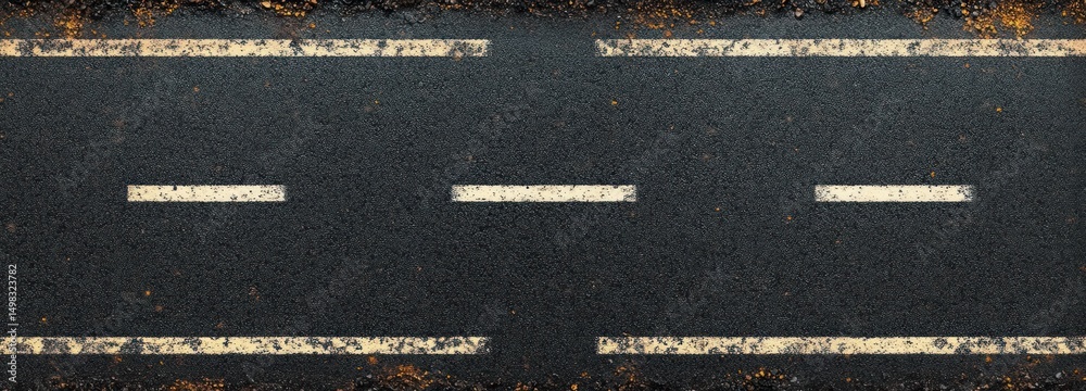 Fototapeta premium Close-up top view of a textured asphalt road with faded white dashed lane markings and dirt scattered along edges