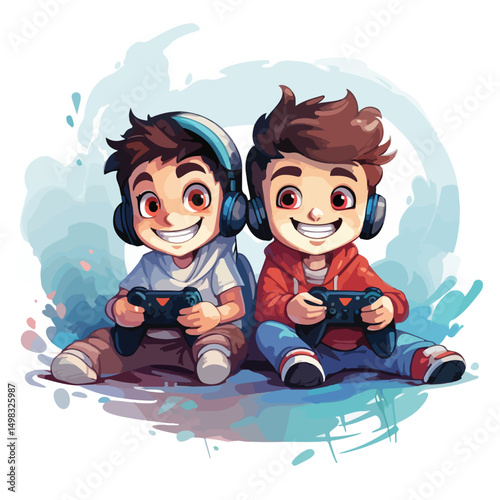 Group of Young Boys Enjoying Gaming Experience with Controllers, Consoles, and Joysticks