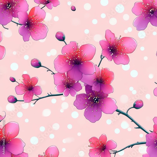 Vibrant pink cherry blossoms with delicate petals and stamens on dark branches against a soft pink background with light bokeh circles, evoking a cheerful and serene mood
