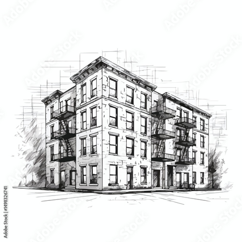 Detailed Urban Building Sketch Vector Illustration for Architectural Design Projects