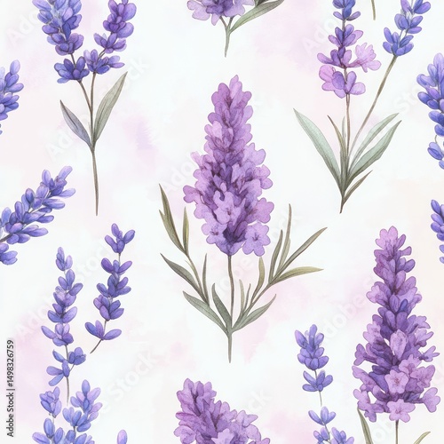 Soft watercolor painting of various lavender flowers in shades of purple with green leaves on a light background, evoking calm and natural beauty