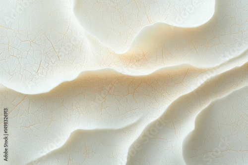 Close-up of textured, cracked surface with layered, soft, wavy shapes in off-white and light brown tones creating a delicate, organic appearance