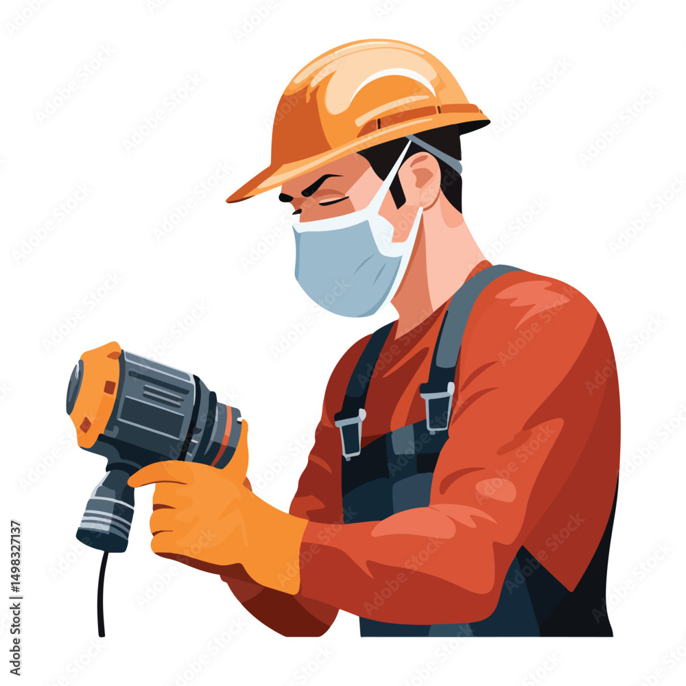 Professional Builder Using Drill and Wearing Face Mask for Covid-19 Safety Professional Builder Using Drill and Wearing Face Mask for Covid-19 Safety