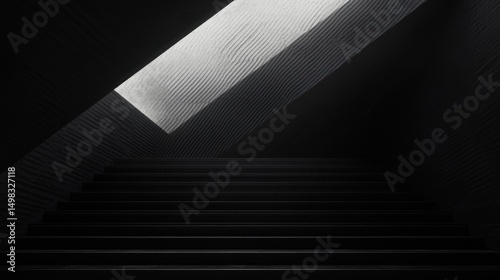 Dark staircase ascending towards a bright rectangular skylight with textured walls casting shadows, creating a mysterious and dramatic atmosphere