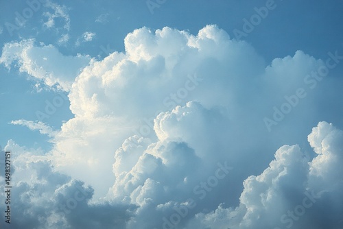 Bright blue sky filled with large, fluffy white clouds featuring soft shadows and a sense of calm and tranquility