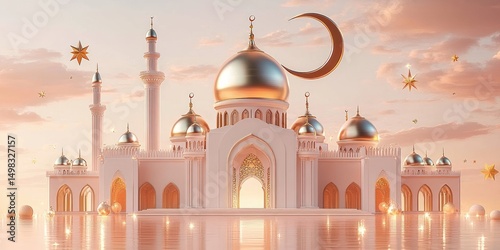 Elegant white mosque with golden domes and minarets glowing softly under a pastel sky surrounded by floating golden stars and crescent moon reflecting on shiny surface
