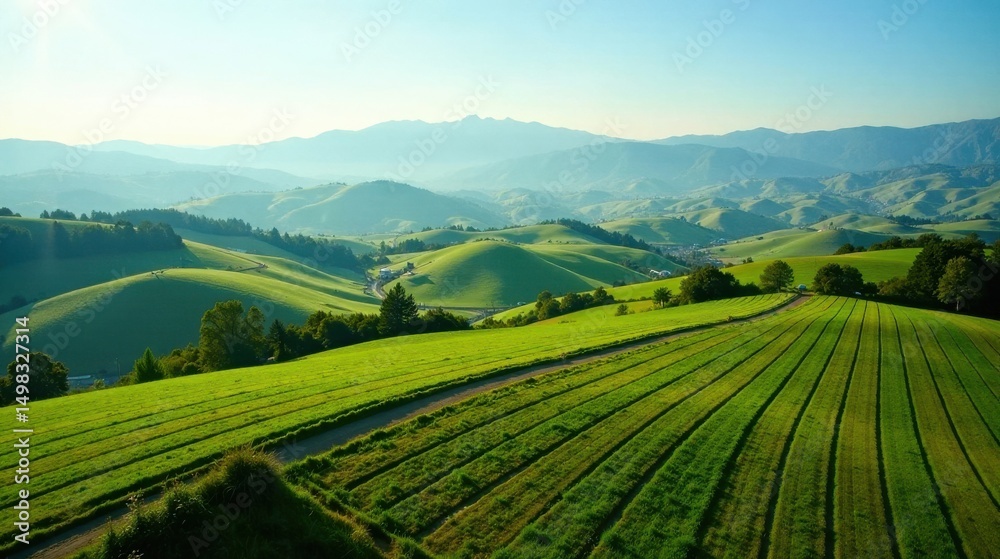Fototapeta premium Serene Rolling Hills Landscape Verdant Meadows and Gentle Slopes Under a Clear Sky
