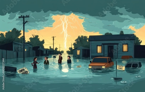 Four people standing waist-deep in floodwater near houses and submerged vehicles with a stormy sky and bright lightning in the background, evoking tension and urgency