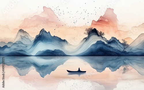 Serene mountain landscape with soft layered peaks reflected on calm water, a lone person sitting in a small boat enhancing peaceful and contemplative mood
