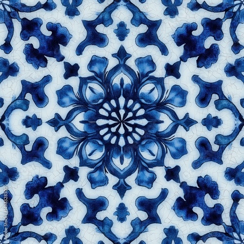 Intricate symmetrical blue and white floral and geometric tile pattern with a central flower-like motif and crackled texture in traditional style