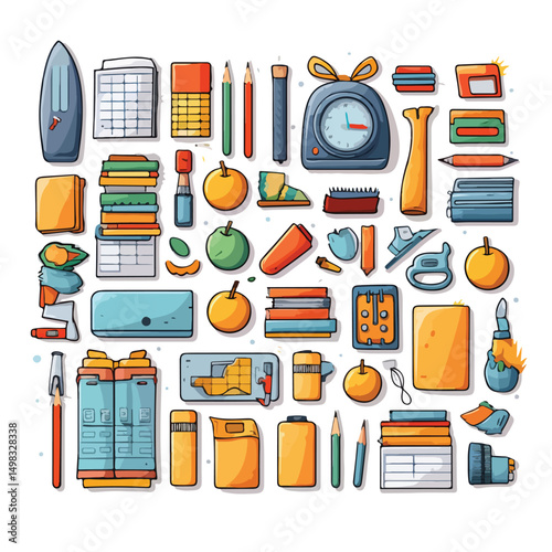 Variety of 50 Back to School Supplies in Vector Illustrations for Educational Materials