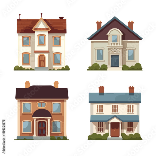 Set of Four Iconic House Facades Bundle for Architectural Designs and Real Estate Projects