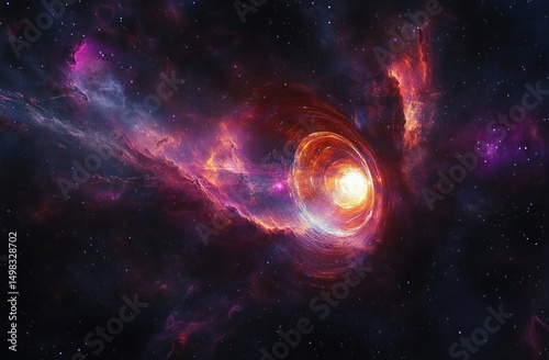 Bright glowing vortex or wormhole surrounded by colorful cosmic clouds and starry space expanse