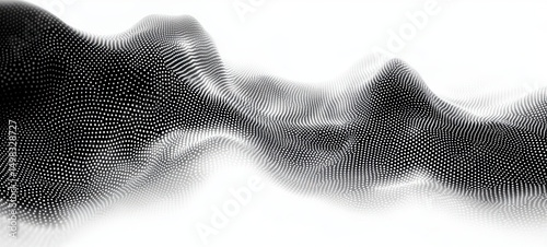 Abstract digital wave of black and white particles forming smooth flowing shapes and gradients with a dynamic and futuristic feel
