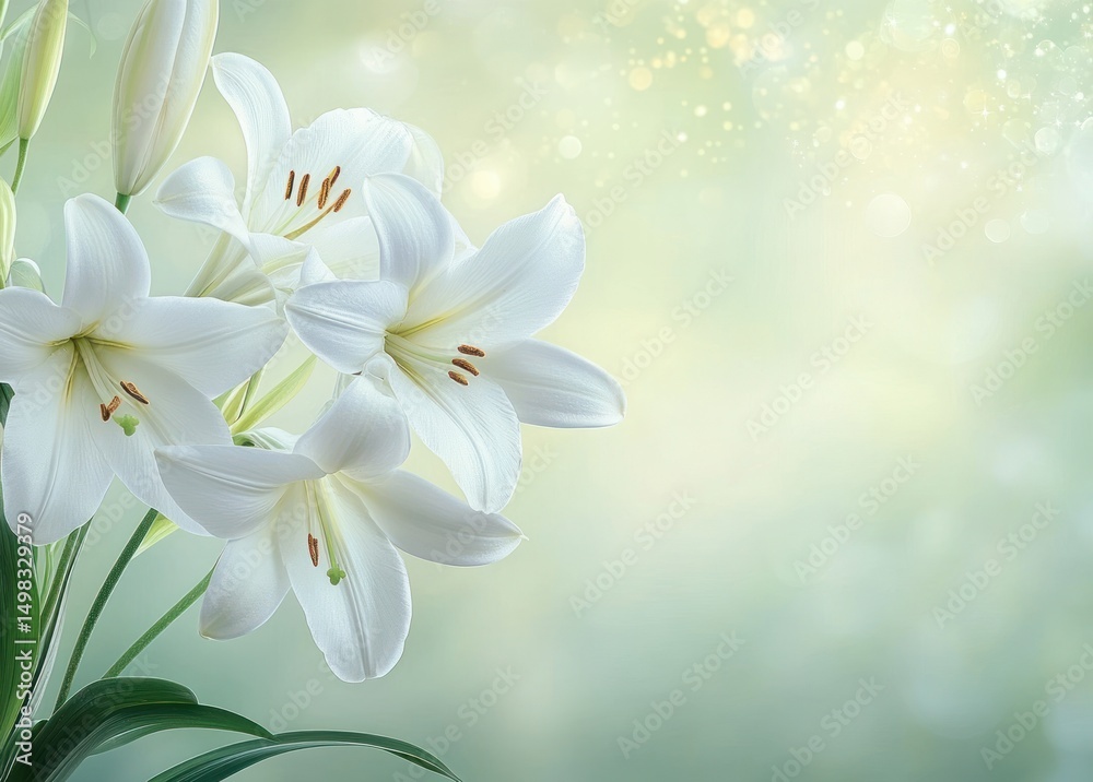 Naklejka premium Cluster of elegant white lilies with green stems and leaves against a soft, glowing light green background with bokeh effect, evoking a peaceful and fresh ambiance