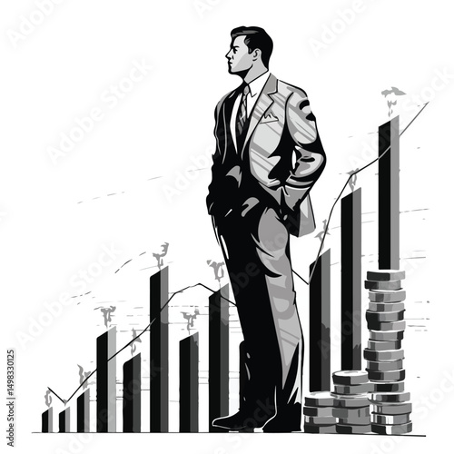 Professional Business Profit Statistics in Monochrome Vector Illustration