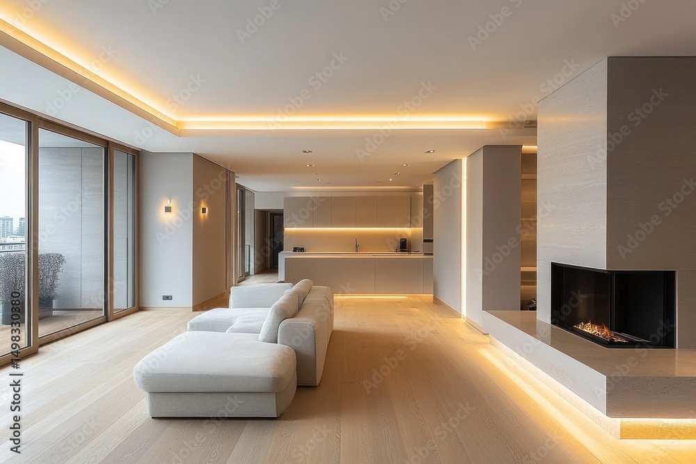 Fototapeta premium Modern minimalist open living room with beige sectional sofa, built-in fireplace, ambient lighting, large floor-to-ceiling windows, and integrated kitchen in the background