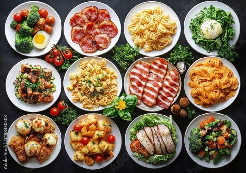 Wallpaper Mural A variety of plates filled with different dishes including pasta, grilled meats, vegetables, cheese balls, and salads arranged on a dark surface with fresh herbs and cherry tomatoes Torontodigital.ca