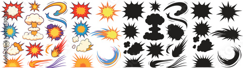 Large Set Comic Boom Explosion Bubble Comic, Explosion and Smoke Vector Set Colored and Silhouette Cartoon Effects for Action Scenes