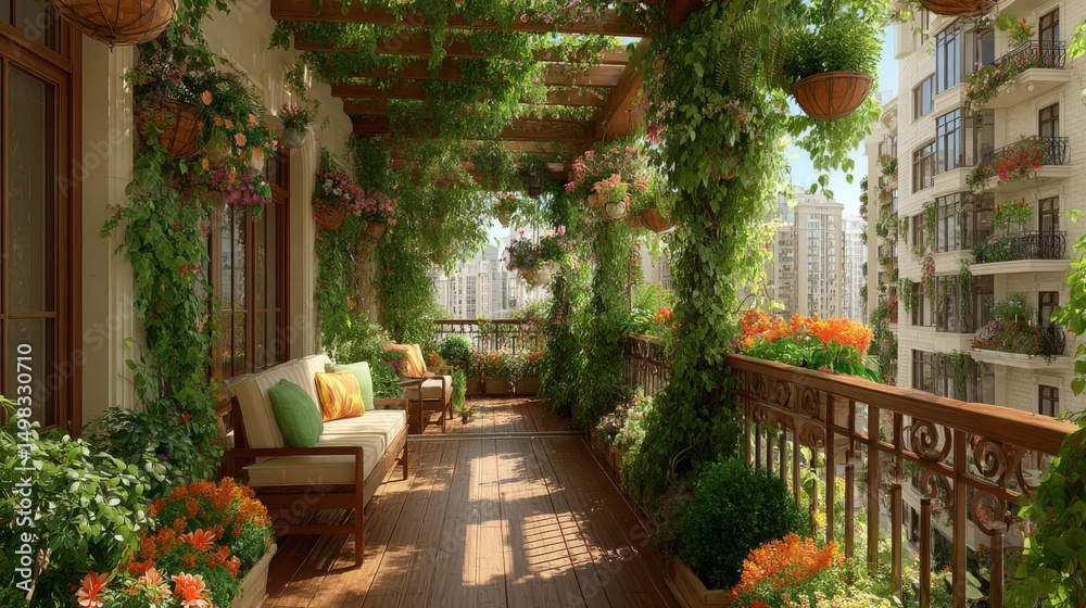 Naklejka premium Lush Balcony Garden with City View