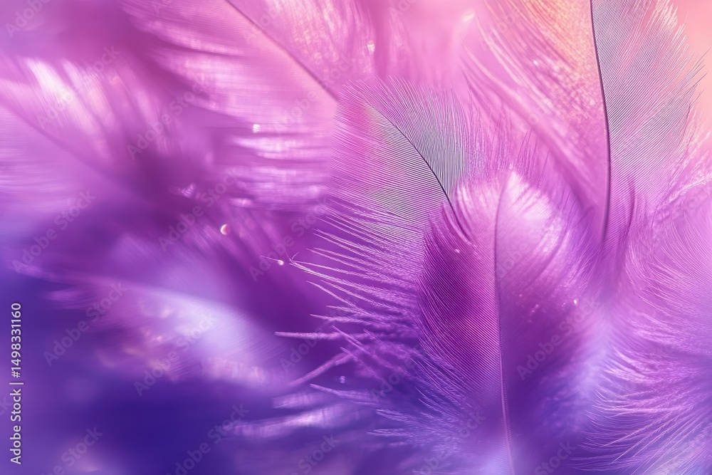 Obraz premium Close-up of soft delicate feathers in shades of purple and pink with fine intricate barbs and a glowing, ethereal appearance