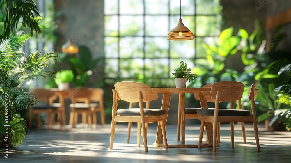 Obraz premium Bright modern interior with wooden chairs, soft pendant lighting and green plants, calm atmosphere, centered camera angle, lifestyle scene 
