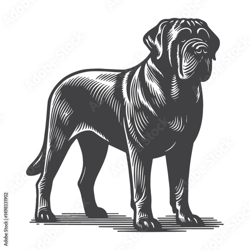 Vintage Hand-Drawn English Mastiff Standing Illustration – Majestic Dog Engraved Style Vector for T-Shirts, Posters, Stickers, and Pet Lovers Apparel