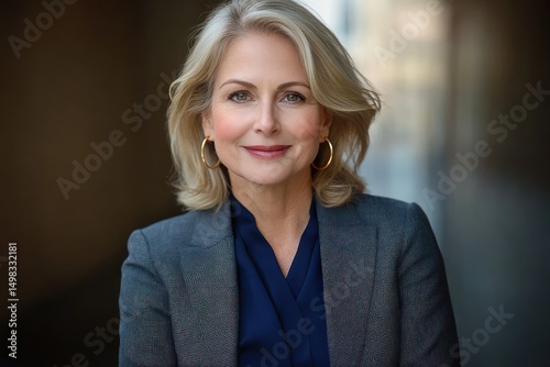 confident middle-aged woman with blonde hair and gold hoop earrings smiling warmly wearing a grey blazer and navy blouse against a blurred dark and light background