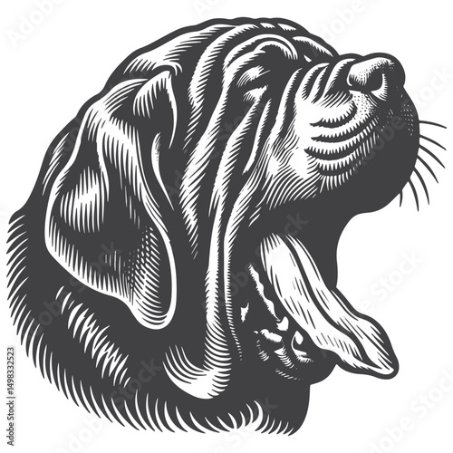 Vintage Hand-Drawn English Mastiff Head Side Portrait Open Mouth Illustration – Majestic Dog Engraved Style Vector for T-Shirts, Posters, Stickers, and Pet Lovers Apparel