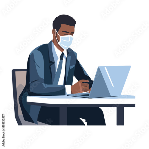 Professional Businessman Working and Wearing Medical Mask Vector Illustration Concept